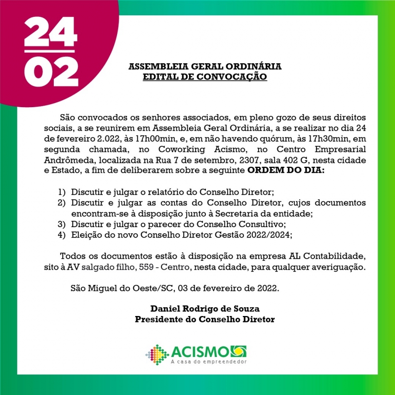 Acismo lança edital para Assembleia de Prestação de Contas e eleição da nova diretoria