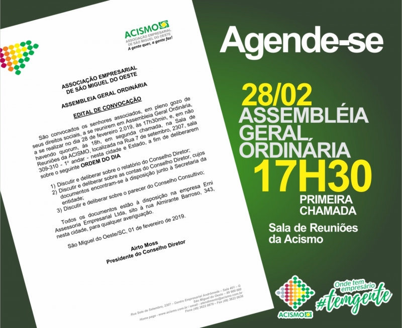 ?Acismo fará Assembleia Geral Ordinária dia 28
